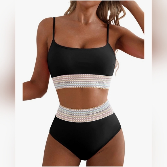 Medium Bikini Set Colorblock Trim 2 Piece High Waisted Swimsuit - Picture 2 of 9